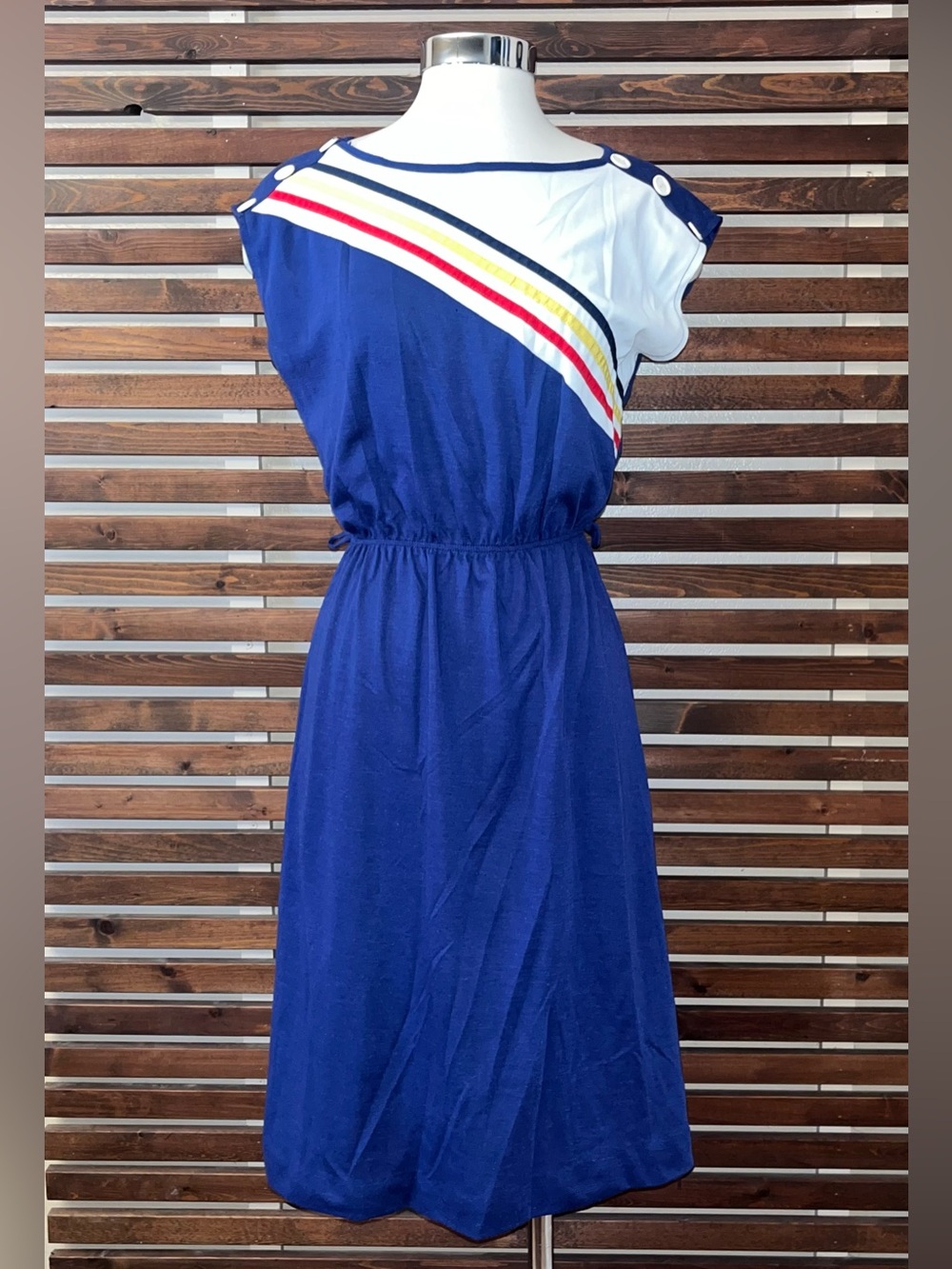 1970s 1980s Vintage Red White Blue Black Yellow Striped Dress w/ Buttons - Picture 5 of 8